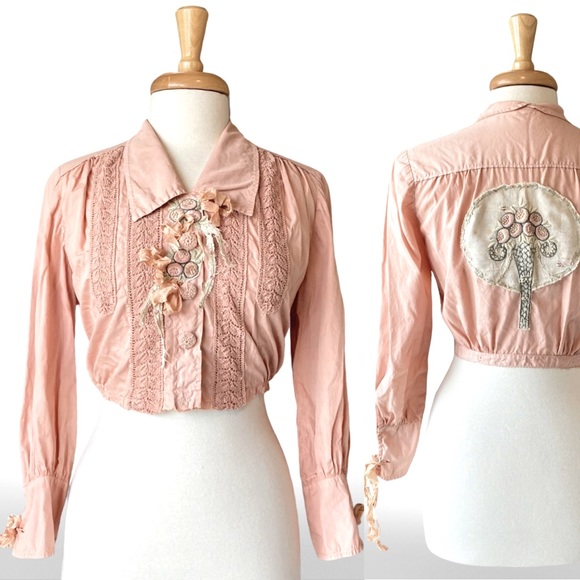 Antique Cotton Blouse w/ Crochet, Embroidery, and Ribbons Cropped Length OOAK - Picture 2 of 14